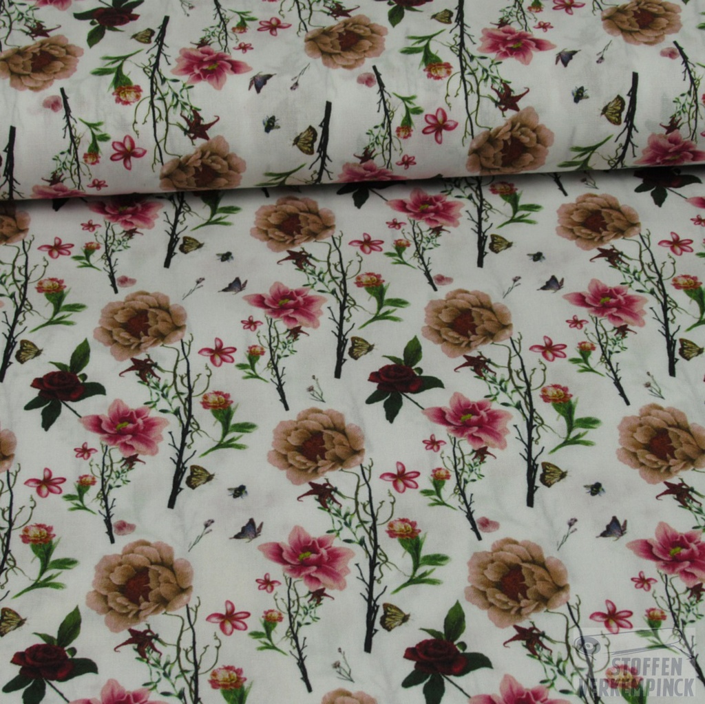 Popelin Print Rozen Pioen Wit