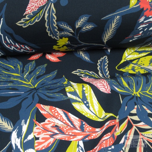 [361-0009] Stretch Crèpe Polyester Kleurig Blad op Navy