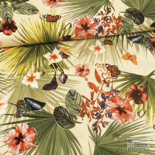 [ZA-502933-01] Viscose Jersey Glittery Print Orchideen Ecru