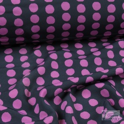 [456-0040] Stretch Polyester Zwart met violette Bolletjes 13mm.