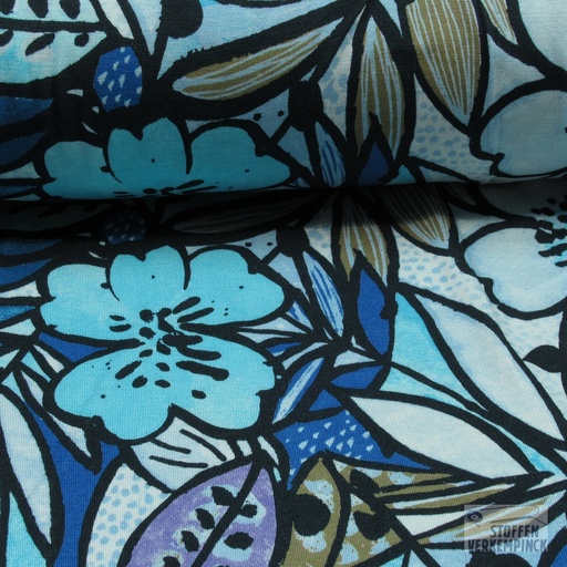 [420-5073] Viscose Jersey Lila en Turquoise Bloemen