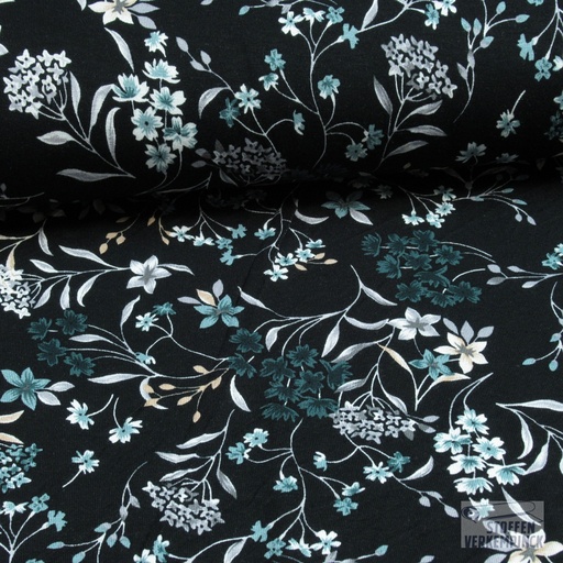 [NO-20196-028] Viscose Jersey Veldbloemetjes Petrol