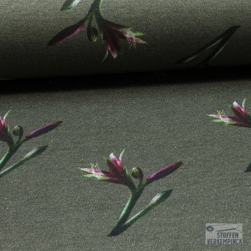 [NO-20130-054] Dubbeljersey Bloemknoppen Kaki