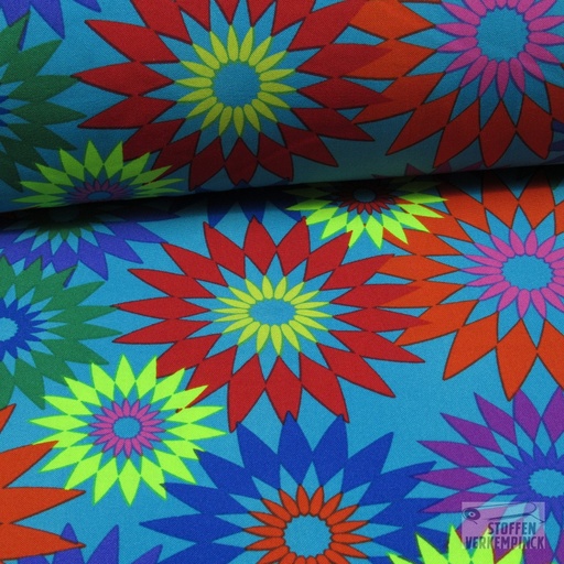 [JO-6737-1] Polyester Print Vintage Flower Blauw/Rood