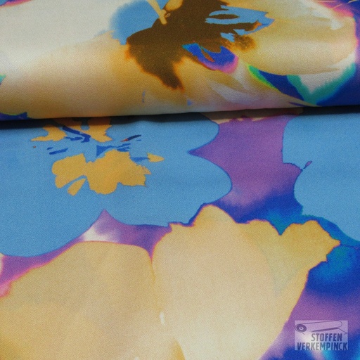 [POL-922824-50] Viscose Digi. Crêpe Big Flower Blue/Salmon