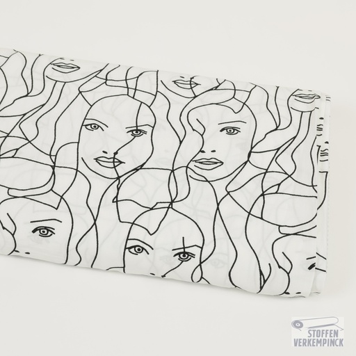 [HE-210363-0002] Viscose Popeline Gezichten Wit/Zwart