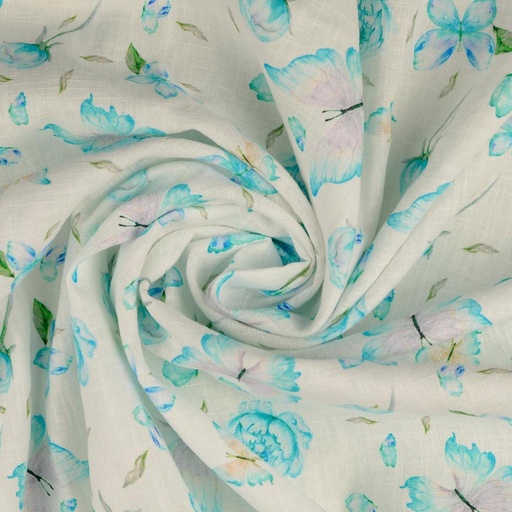 [HE-210760-0006] Linnen Digital Vlinders/Rozen Aqua