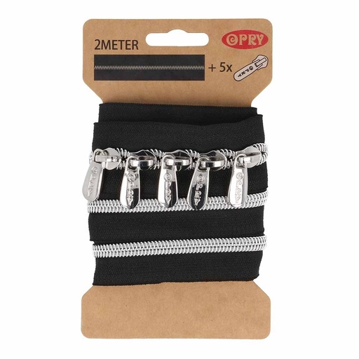 [DBF-23669-1] Spiraal rits metallic 2m incl. 5 schuivers Zilver