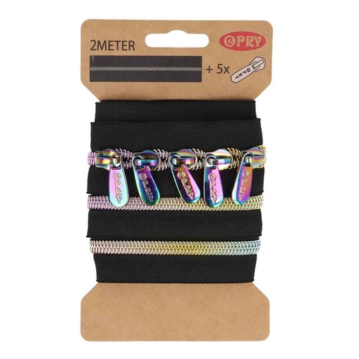 [DBF-23669-6] Spiraal rits metallic 2m incl. 5 schuivers Regenboog