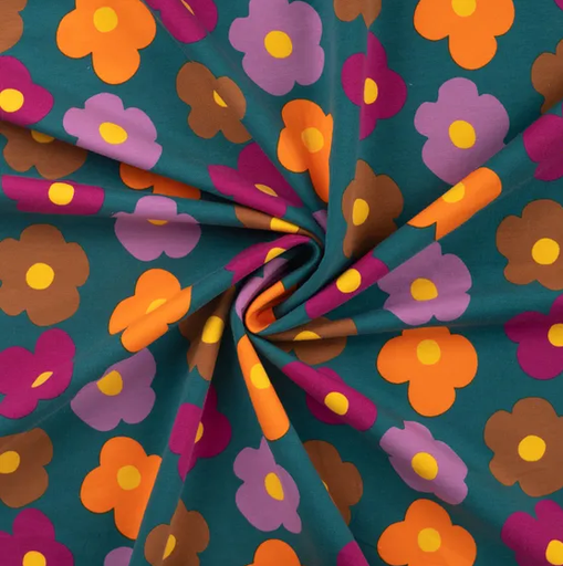 [QT-K20062-941] French Terry Brushed Big Flowers Petrol