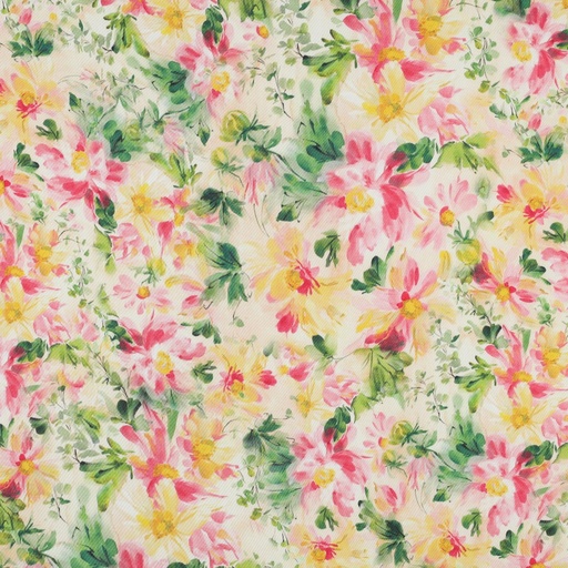 [VE-04385-001] Viscose Satin Digi. Pink Flowers on Ecru
