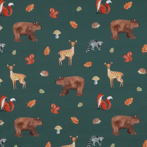 [VE-04082-007] Fine Poplin Digital Forest Animals Dark Green