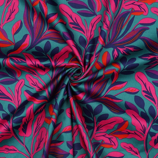 [VE-04022-002] Cotton Satin Lush Leaves Petrol Nerida Hansen