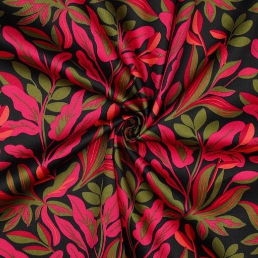 [VE-04022-014] Cotton Satin Lush Leaves Black Nerida Hansen