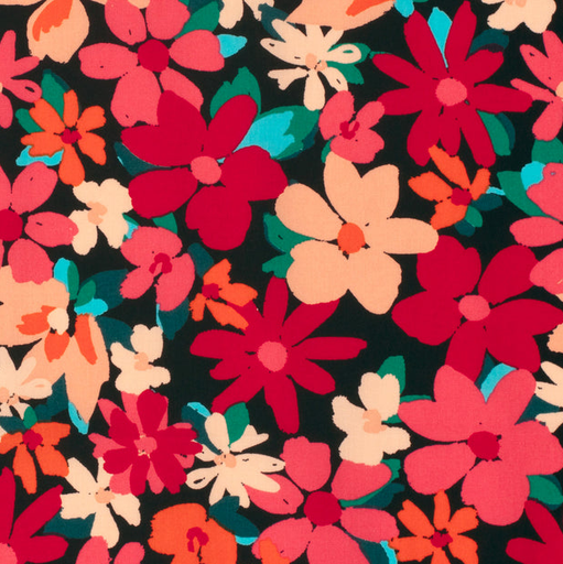 [NO-23168-069] Stretch Cotton Poplin Colorful Flowers Black