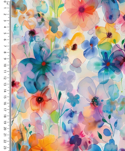 [MU-5805-1614] Bamboo Jersey Aquarel Flowers Azuur/Orange