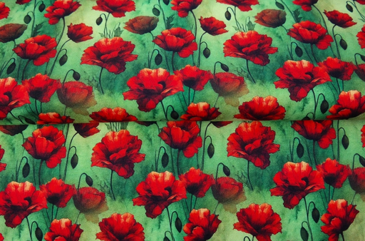 [ST-25987-10VI] Jersey Viscose Digital Red Poppy's on Green