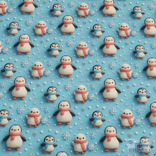 [MF-7220-001] Katoen Cretonne 3D Pingouin Turquoise