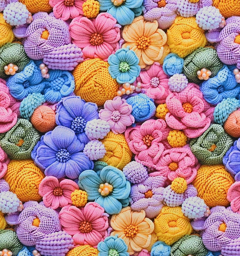 [MU-5825-2042] Katoen poplin 3D Knitted Flowers Multi