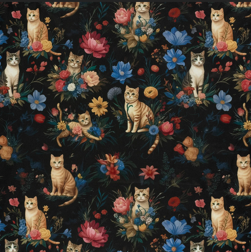 [NO-01976-069] Canvas Digital Cats/Flowers Black