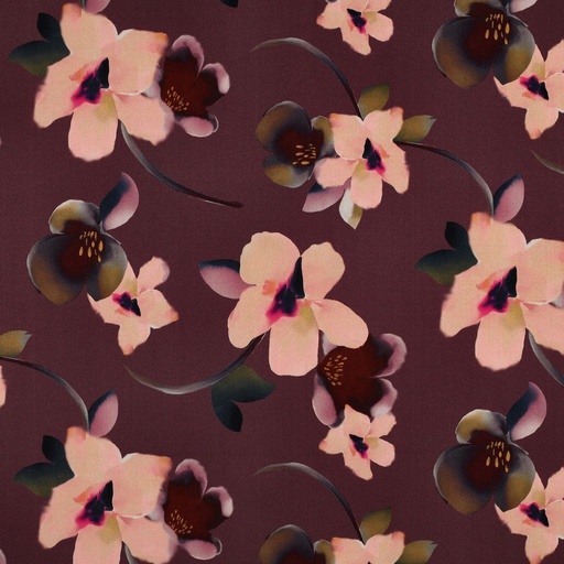 [VE-07553-001] Viscose Rosella Stretch digi. Flower Aubergine