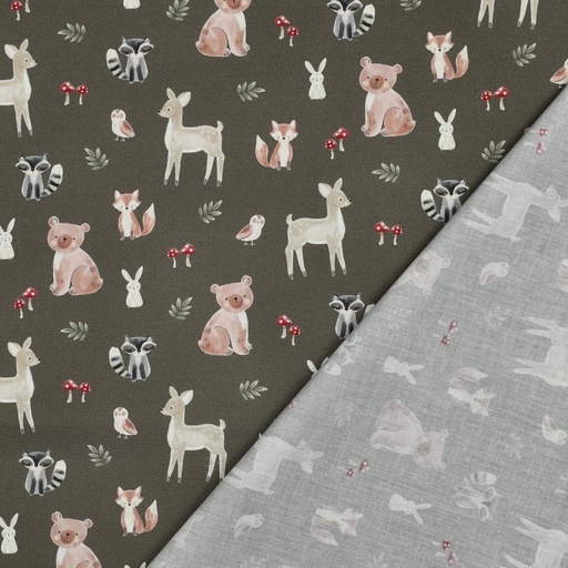 [VE-02071-008] Fine Poplin Digital Forest Animals Army Green