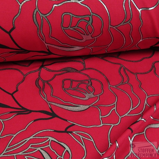 [mar-2361] Jersey Print Silver Foil Roses on Dark Red