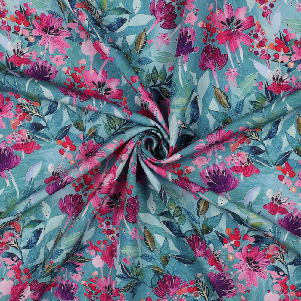 Viscose Digital Pink Flowers on Blue