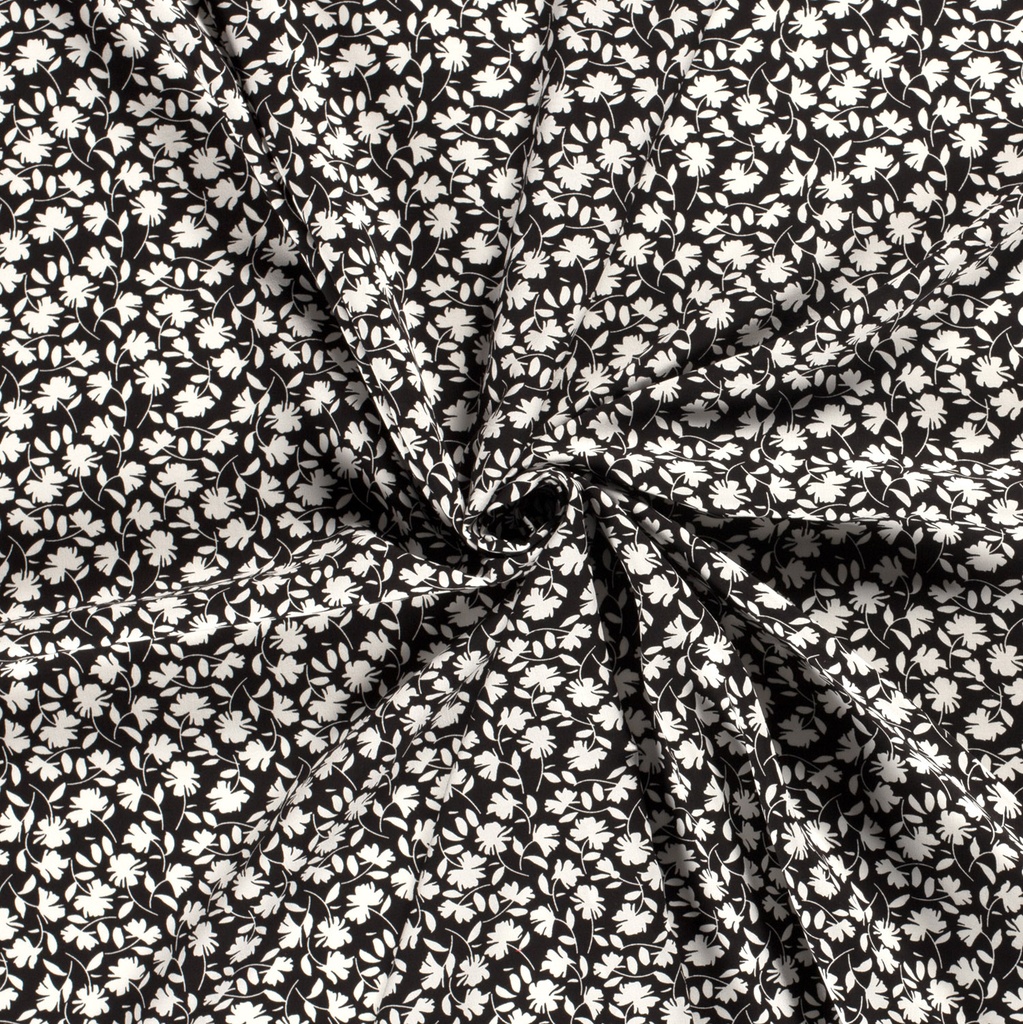 Viscose poplin print bladeren zwart