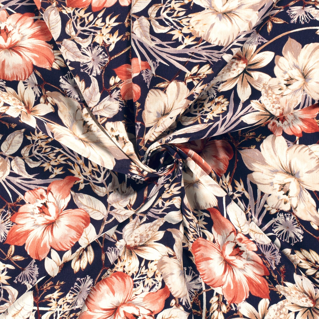 Viscose crepe print bloemen marine