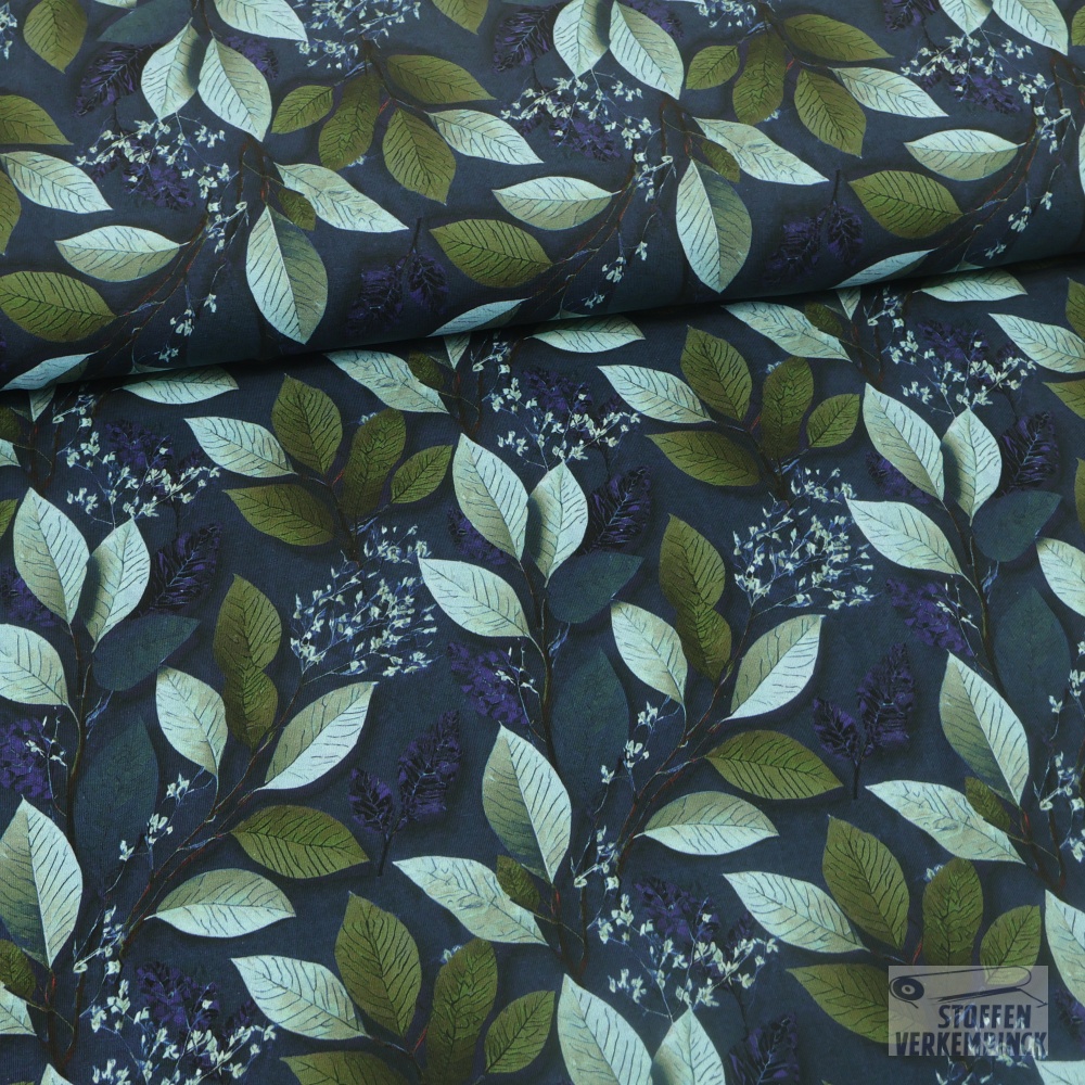 Jersey Digital Decorative Leaves Kaki/Aqua