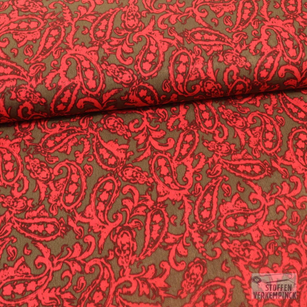 Velvet Satin Paisley Kaki/Red