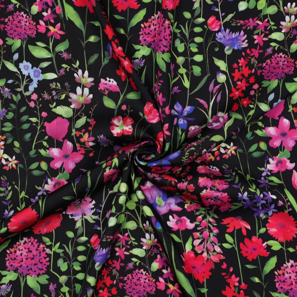 Viscose Satin Digi. Fielf Flowers Black