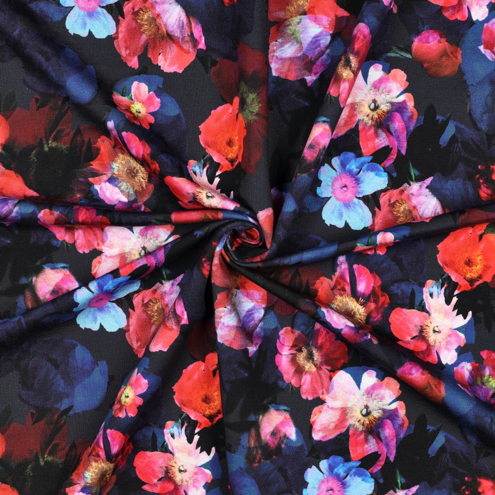 French Terry Digital Mixede Flowers Navy