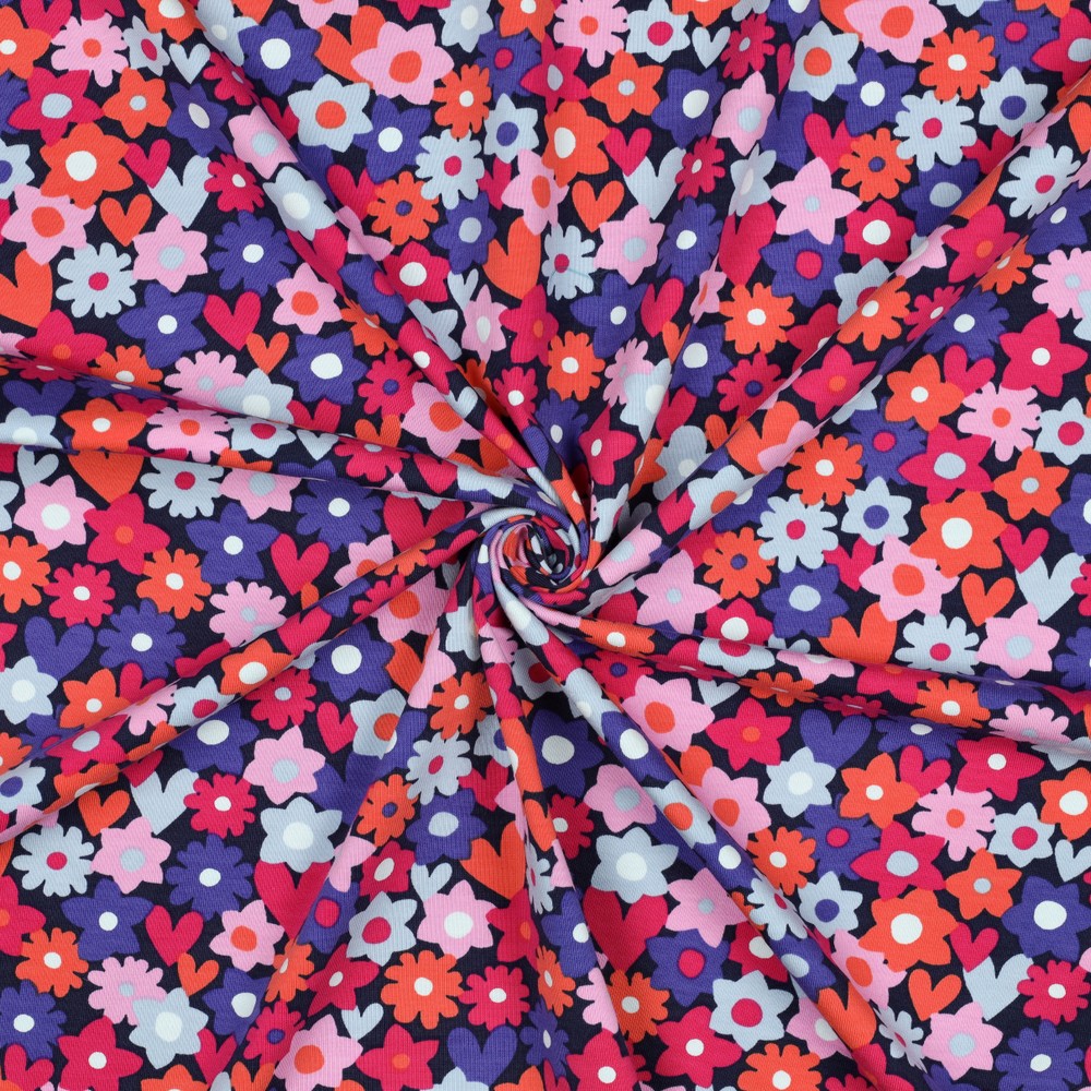 Jersey Pretty Flowers Blue/Fuchsia