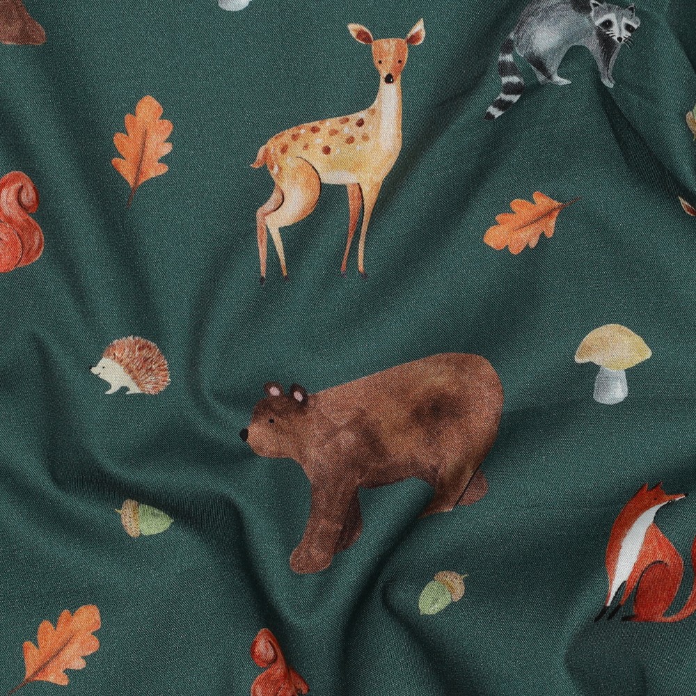 Fine Poplin Digital Forest Animals Dark Green