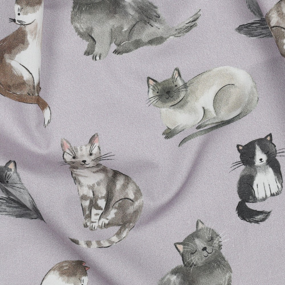 Fine Poplin Digital Cats Dusty Lilac