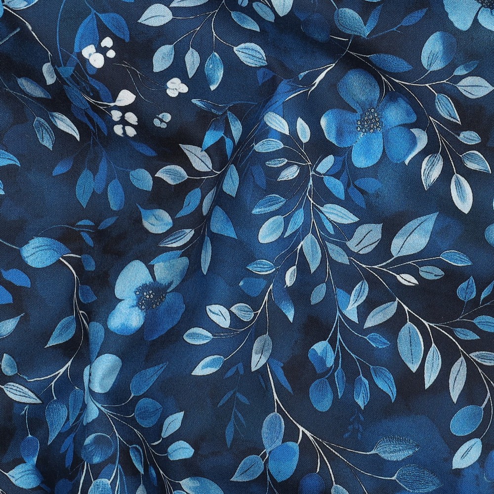Fine Poplin Digital Leaves/Flowers Blue