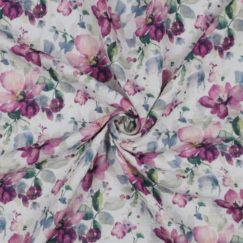 Double Gauze Digital Flowers White