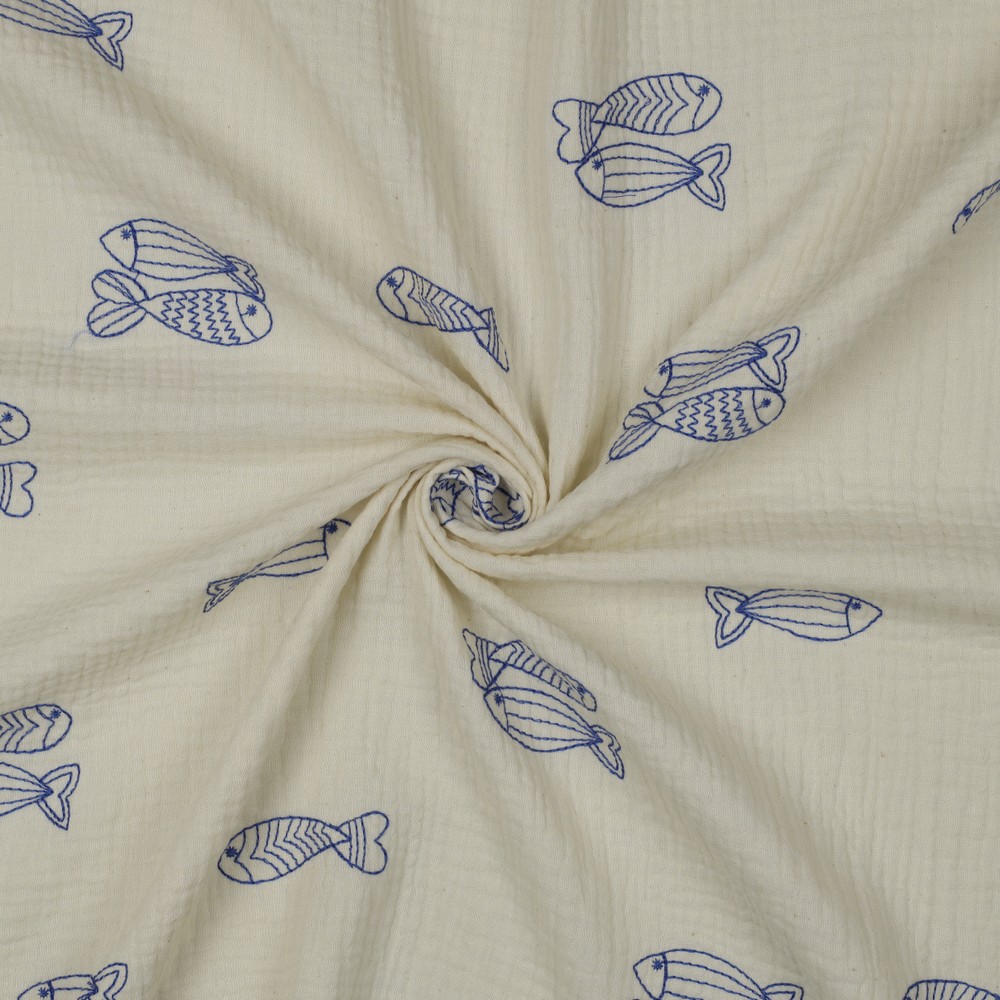 Double Gauze Embroidery Fish Natural