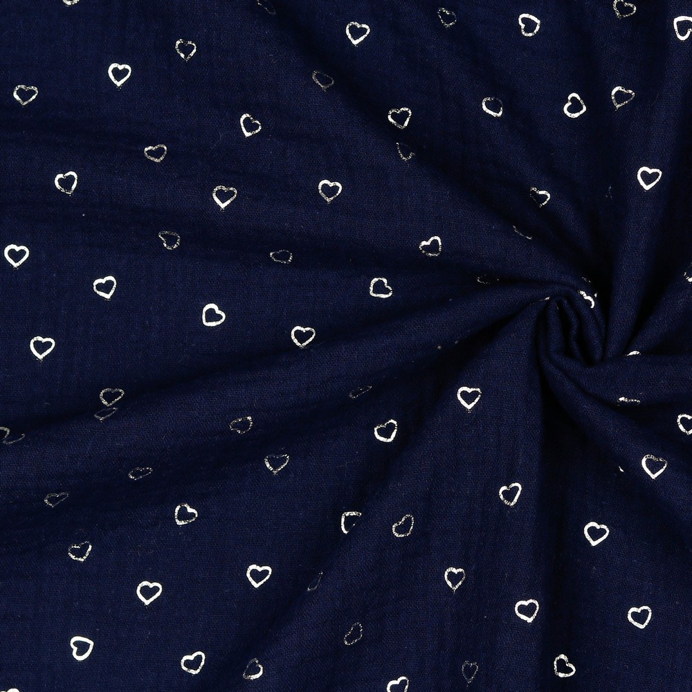 Double Gauze Silver Hearts Navy