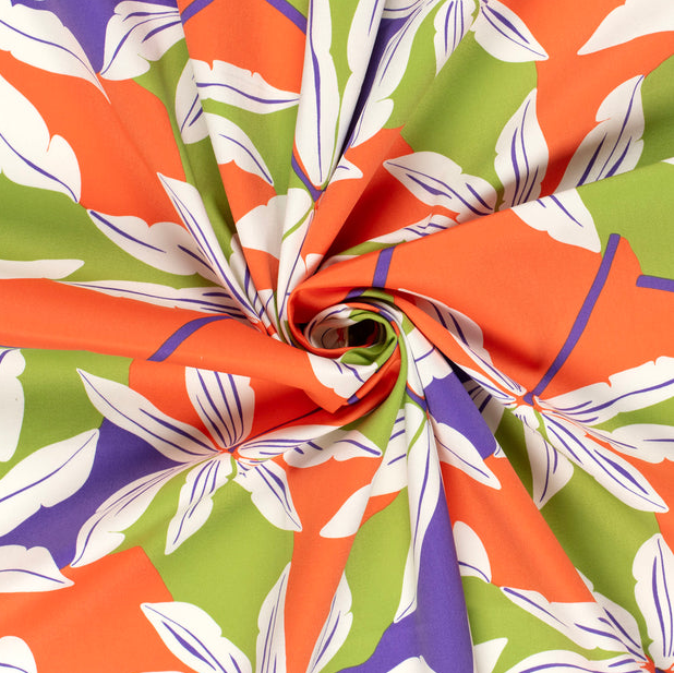 Stretch Cotton Satin Big Flowers Orange