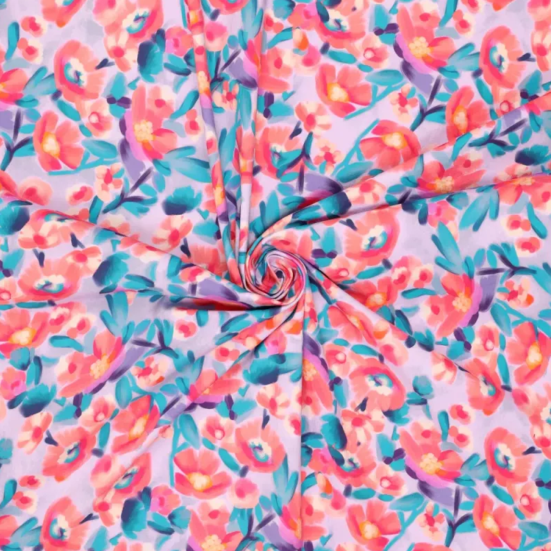 Stretch poplin Pink Flower on Lila