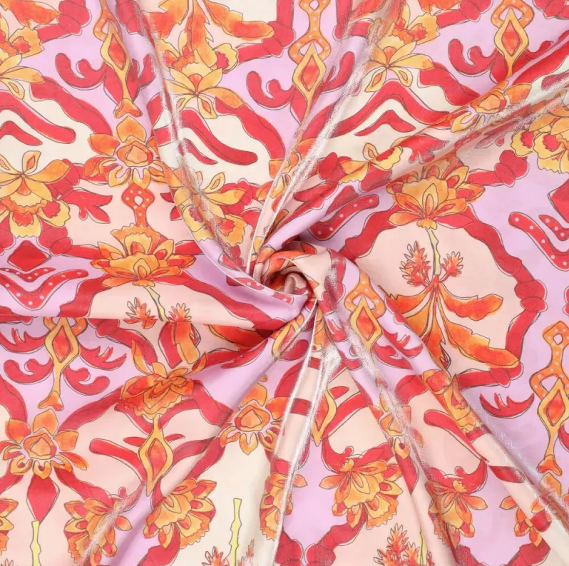 Viscose Glans French Florals Red/Rose