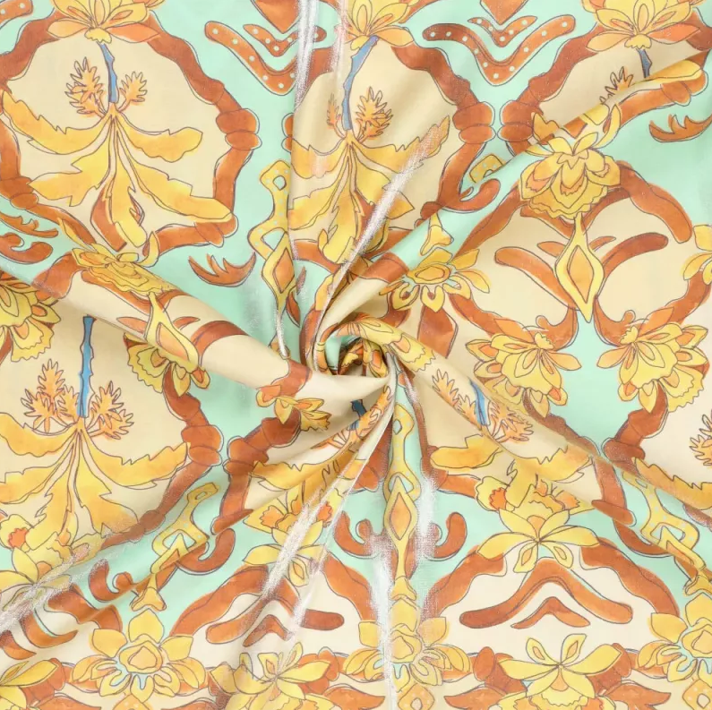 Viscose Glans French Florals Rust/Aqua