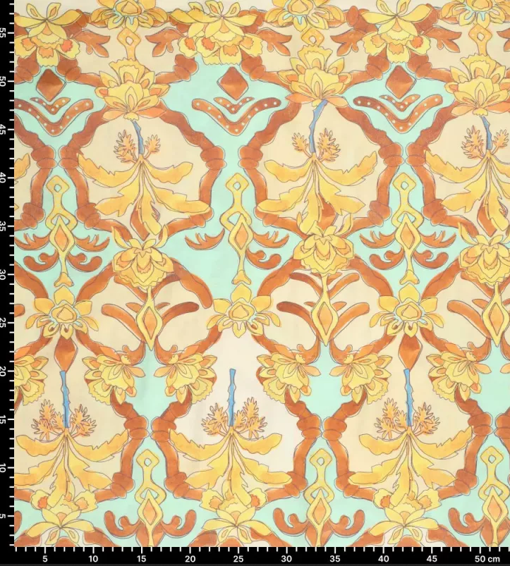 Viscose Glans French Florals Rust/Aqua
