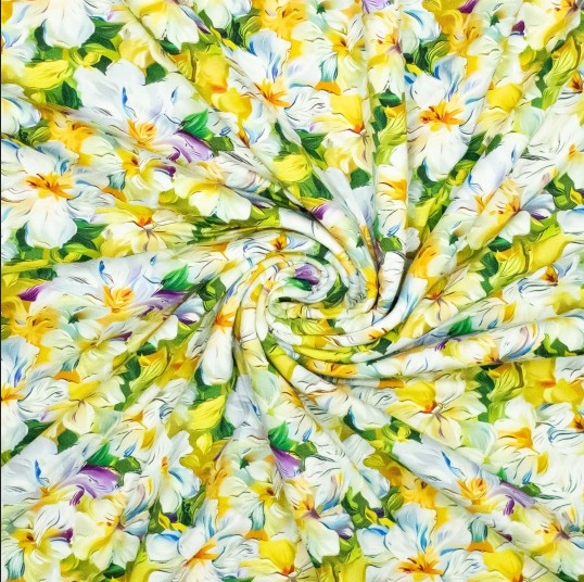 Viscose Jersey 3D Lilies Yellow/Green/Purple