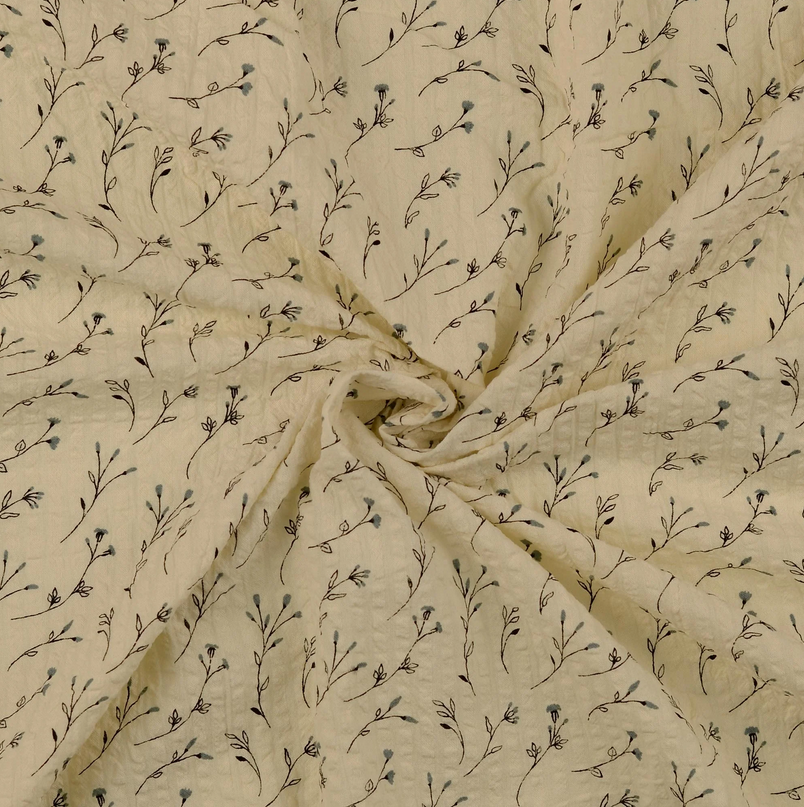 Cotton Seersucker Blossoms Ecru/Grey