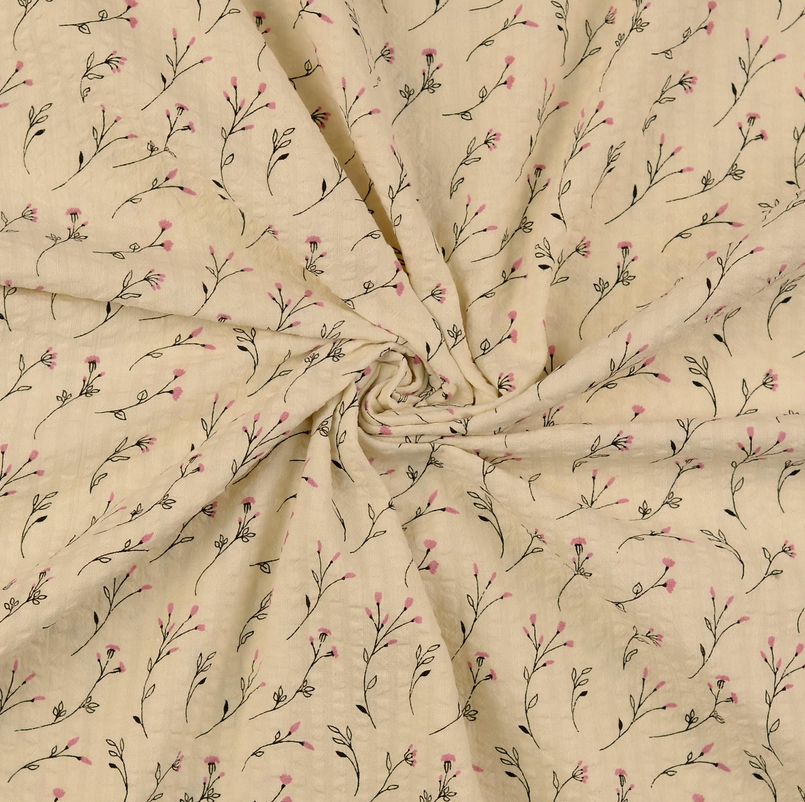 Cotton Seersucker Blossoms Ecru/Rose