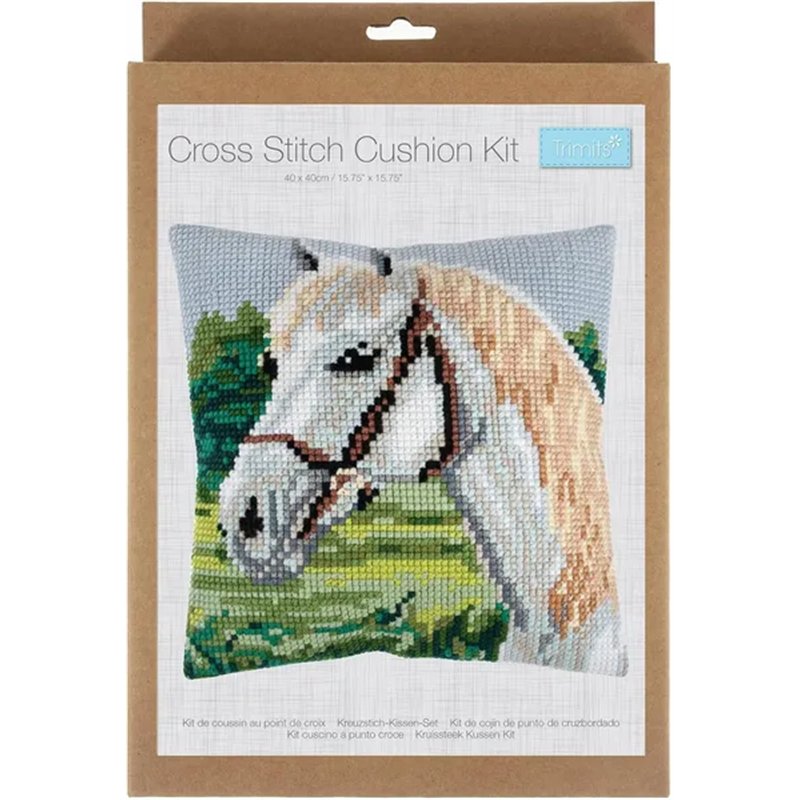 Kruissteekkussen kit wit paard incl kussenrug met rits